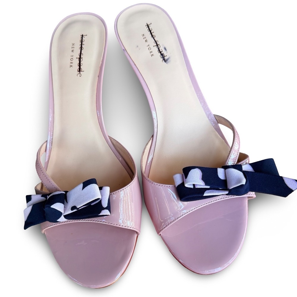 Kate Spade Simona Light Lilac Patent Leather Navy Bow Kitten Heel Mules Sz 7.5M
